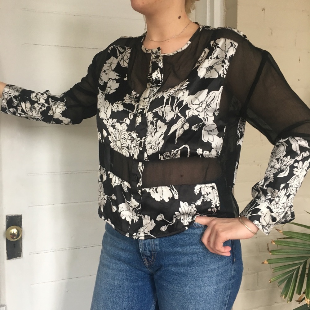 SOLD - Floral blouse with sheer black panels